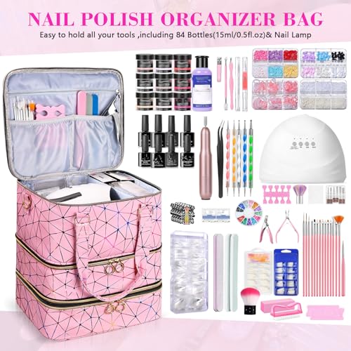 Nail Polish Organizer Bag,3-layer Pink PU Leather Nail Organizer and storage,Holds 84 Bottles of Nail Polish and Nail Lamp,Large Holder Travel Carrying Case.