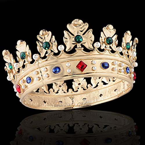 Small Size Baroque Royal Crown Men’s Hair Crown with Green Stone - Gold Finish