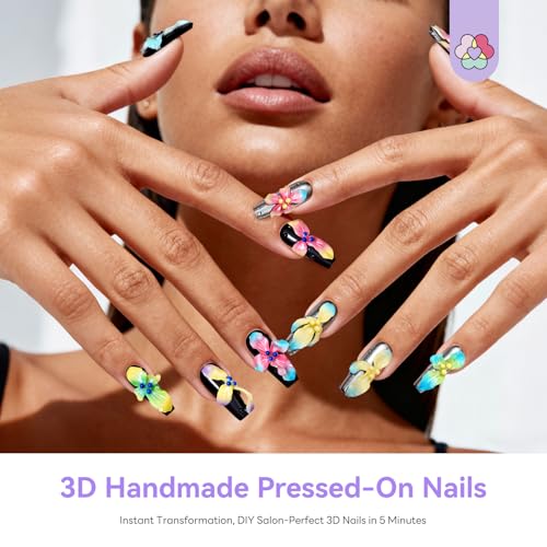 Handmade Press On Nails Almond 3D Hand Painted Flower Fake Nails with Cherry Droplet Designs Reusable Stick On Kit