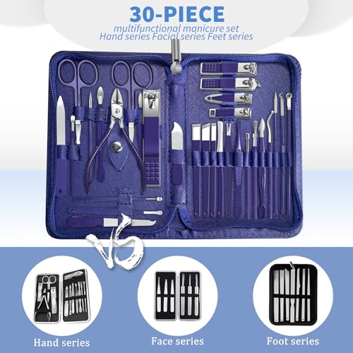 Manicure Set Personal Care Mens Grooming Kit, 30 in 1 Professional Manicure Kit Pedicure Kit, Nail Clippers for Men and Beauty Tool Portable Set, with Luxurious Travel Case (Blue)