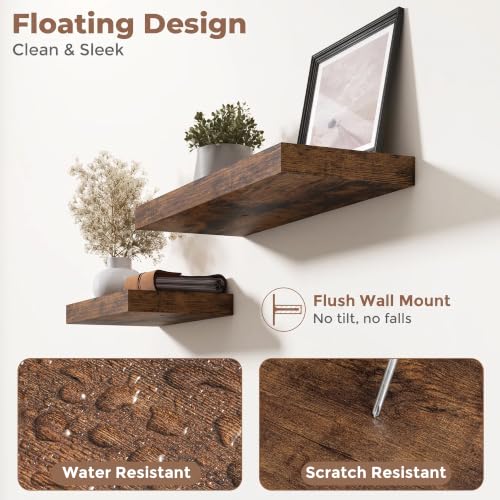 Marsmiles Rustic Brown 48 Inch Floating Wall Shelves 2-Pack, 8"D Wood Grain Bathroom & Home Storage