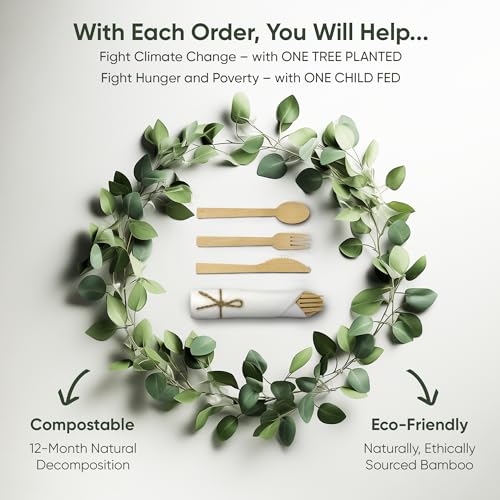 100 Pack EcoPreps Biodegradable Bamboo Cutlery & Napkin Set - Disposable Party Tableware