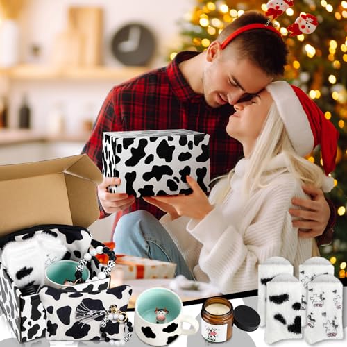 Honeydak Cow Gifts Set for Women Cow Printed Accessories Includes Makeup Bag Gift Box Cute Socks Keychain Mug Scented Candle Stickers for Christmas and Birthday Party Gifts