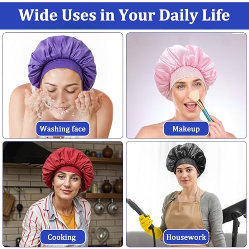 Large Satin Bonnets for Sleeping, 18 Pcs Elastic Wide Band Hair Bonnets Soft Silky Sleep Cap Solid Color Hairs Wrap Reusable Shower Cap for Black Women Curly Hair Braids