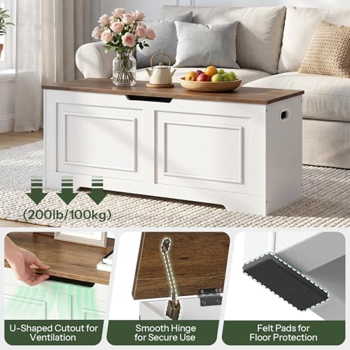 Large Wooden Storage Bench with Safety Hinge – 47.2 Inch Farmhouse Chest