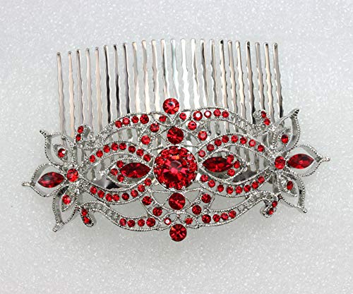 Large Red Floral Hair Comb with Rhinestones for Wedding & Party