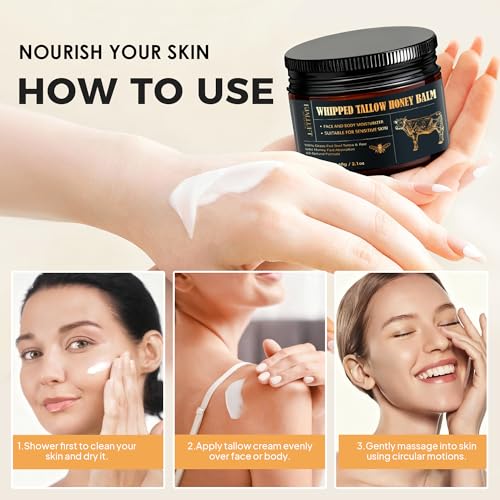 Beef Tallow and Honey Balm Moisturiser, Whipped Grass Fed with Raw Honey and Olive Oil, Anti-Aging Facial Cream, Unscented, 3 Ounce (Medium)