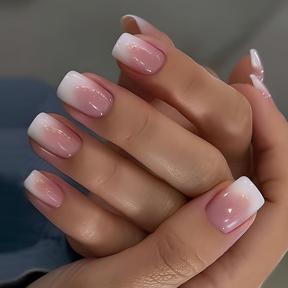 Press on Nails Kit Medium Square Ombre Nude Pink White Fake Glue ons Nails Set with Design Full Cover Artificial False Stick on Acrylic Nail for Women 24PCS