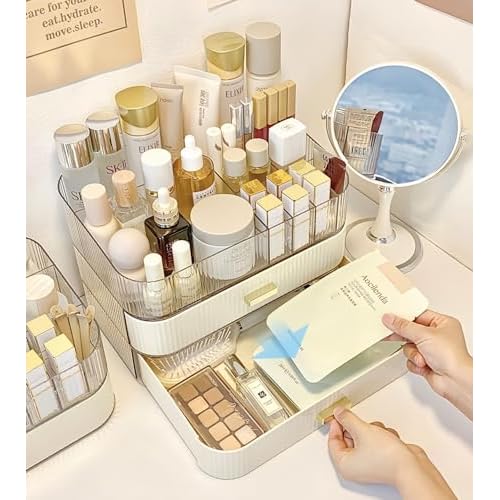 Makeup Organizer for Vanity, Stackable Cosmetics Organizer with Drawers, Countertop Storage for Makeup Palettes, Skincare, Beauty Supplies, Great for Vanity, Bathroom, Cabinet, Dresser Desk. Cream
