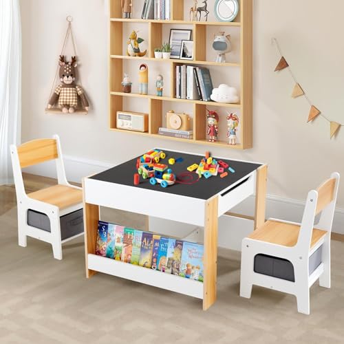 Kids Table and Chair Set - 4-in-1 Toddler Desk with Storage, White, 24.49 x 24.49 x 18.9 inches