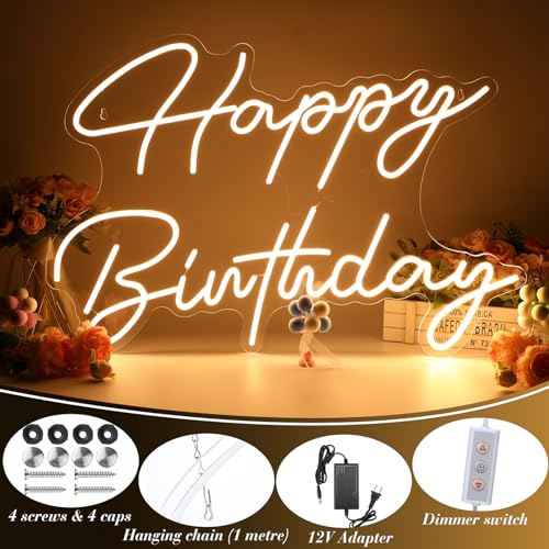 Happy Birthday Neon Sign LED Light - Dimmable Warm White 30x21 Inches - Perfect for Parties & Decor