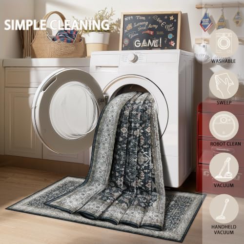 Babovid 8x10 Ash/Beige Washable Area Rug - Non-Slip Vintage Medallion, Low-Pile