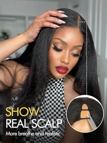 Kinky Straight V Part Wig for Black Women - Synthetic Half Wig, No Glue, Protective Style