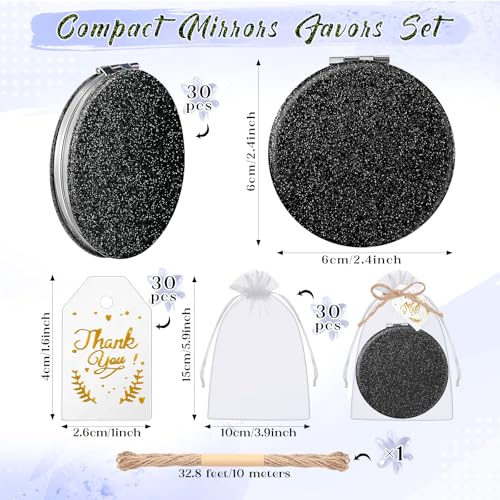 Chunful 30 Black Compact Magnifying Mirrors Wedding Gift Set with Thank You Cards