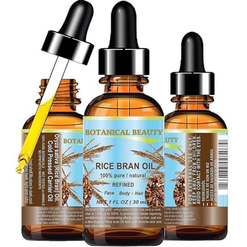 Botanical Beauty RICE BRAN OIL 100% Pure Natural Refined Undiluted Cold Pressed Carrier Oil for Face, Skin, Body, Hair, Massage, Nails. (1 Fl Oz)