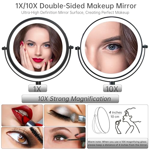JANEEVA 8" Wall Mounted Lighted Makeup Mirror,Rechargeable Double Sided 1X/10X Magnifying Mirror with 3 Color Lights,Touch Dimmable Bathroom Vanity Mirror with 360¡ÆSwivel Extendable Arm Matte Black