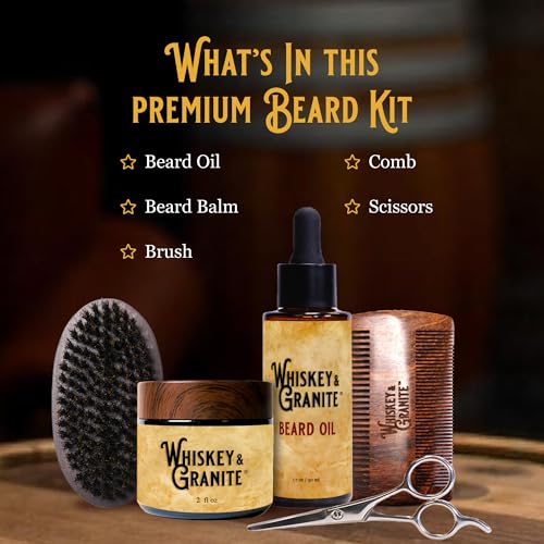 Whiskey & Granite Beard Kit for Men ? 100% Natural Ingredients (Mountain Shine). Includes beard oil and balm, comb, brush, and scissors.