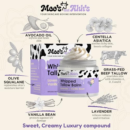 Lavender Vanilla Bean Whipped Tallow Balm – Organic Grass-Fed Face & Body Moisturizer 2 Oz