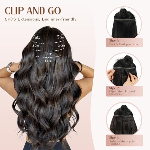 Dark Brown 24 Inch Clip-In Wavy Hair Extensions - 6PCS Long Hairpieces for Women