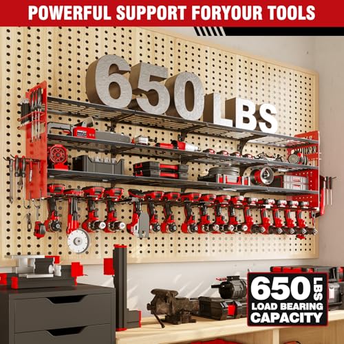 Large 65-Inch Power Tool Wall Mount Organizer - 4-Tier, Holds 16 Drills - Red