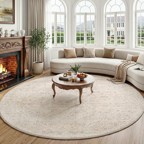 FMFUNCTEX 8ft Round Beige Vintage Area Rug - Washable, Non-Slip, Plush Living Room