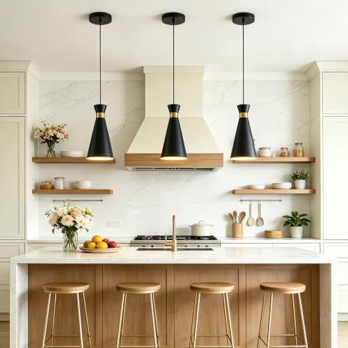 3-Pack Modern Black and Gold Pendant Lights for Kitchen Island - 13"H, Adjustable