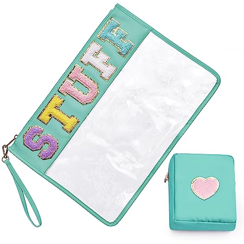 Large Chenille Letter Bag, 2 PCS Preppy Stuff Clear Bag, PU Waterproof Snack Makeup Sunscreen Bag Travel Cosmetic Pouch, Gift for Women Girls