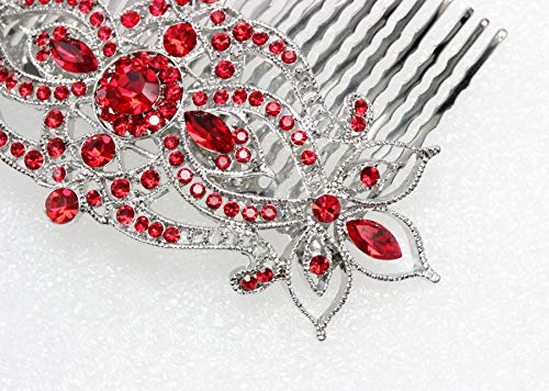 Large Red Floral Hair Comb with Rhinestones for Wedding & Party