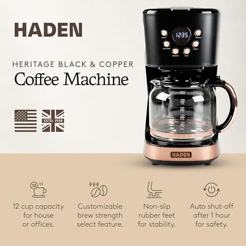 HADEN 12-Cup Programmable Coffee Machine with Black and Copper Finish