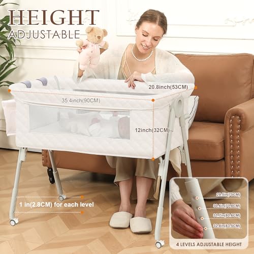 Baby Bassinet Bedside Crib with Storage & 4-in-1 Convertible Modes - White