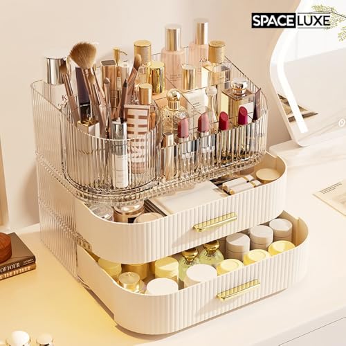 Makeup Organizer with Drawers and 360¡Æ Rotating Brush Holder, Large Capacity Cosmetic Storage for Vanity, Skincare, Perfume, Hair Accessories, Lipstick & Jewelry (Cream White, 3-layer)