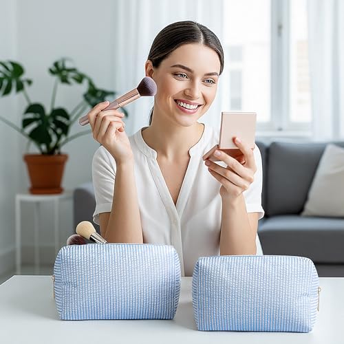 Sanwuta Light Blue Seersucker Cosmetic Bags Bulk - 6 Pcs Zippered Makeup Pouches