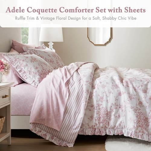 Pink Floral Comforter Set with Sheets - Full Size 7pc Reversible Bedding
