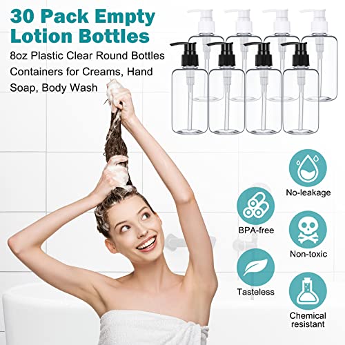 Eccliy 30 Pack 8 oz Clear Empty Lotion Bottles Plastic Pump Bottles Hand Dish Dispenser Round Containers Refillable Container Black White Pumping for Shampoo Conditioner Body Wash Cream Liquid Soap
