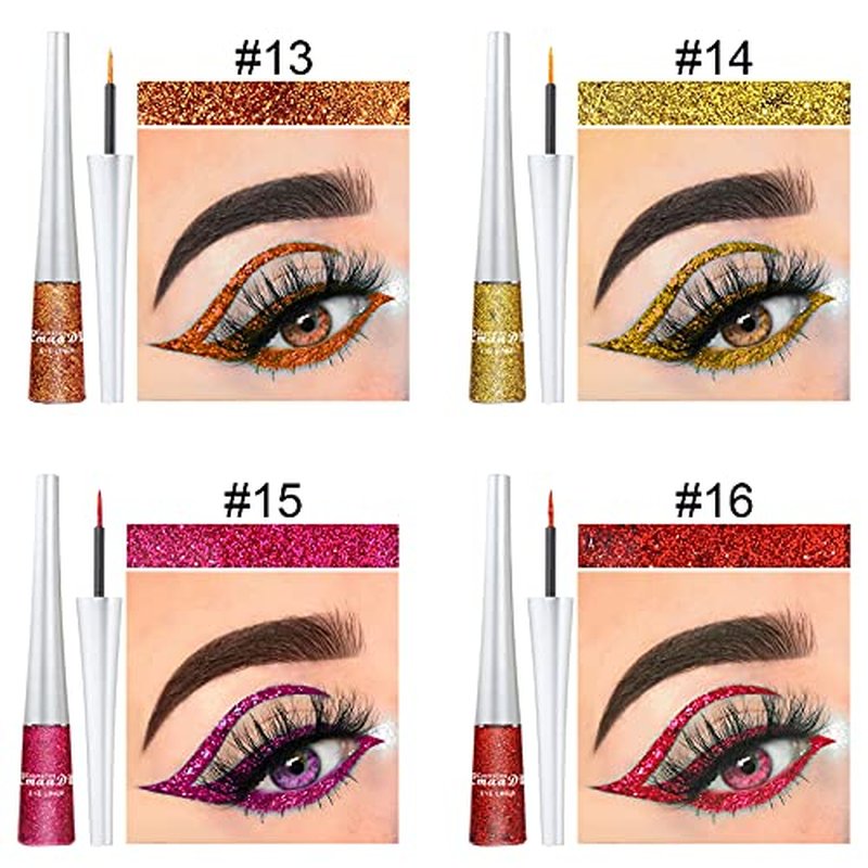 16PCS Liquid Glitter Eyeliner set, 16 Colors High Pigmented Brighten Eye Liner Kit, Long Lasting Waterproof Metallic Shimmer Eyeshadow