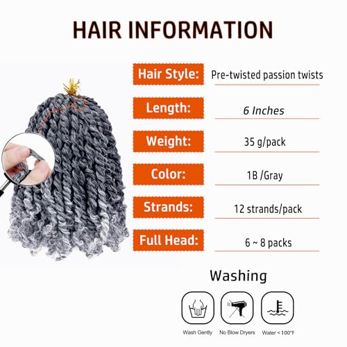 Dorsanee 6 Inch Pre-twisted Passion Twist Crochet Hair 8 Packs 1B/Gray