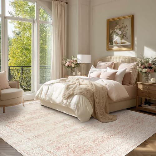 5x8 Pink Floral Washable Vintage Distressed Rug for Bedroom - Pink
