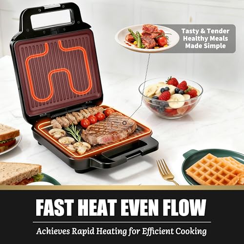 3-in-1 Panini Grill Press with Removable Plates - Breakfast Sandwich & Waffle Maker - Electric Griddle
