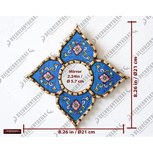 Peruvian Painted Glass Mirror with Bronze Leaf Framed - Handmade Diamond Mirror 6in for Gallery Wall (Blue)