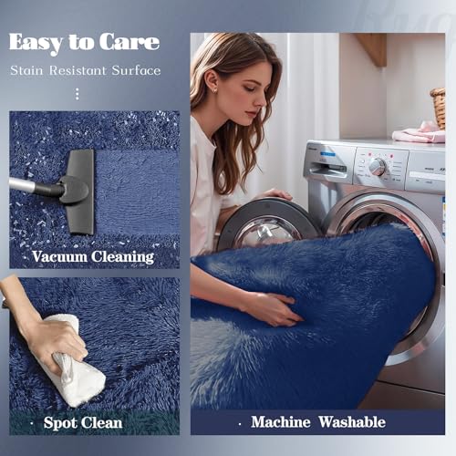 VECARF Navy Blue 8'x10' Shag Area Rug - Soft Washable Fuzzy Indoor Carpet for Living Room & Bedroom