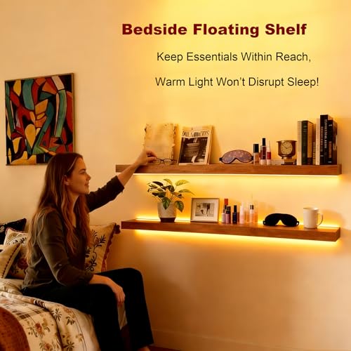 Walnut Floating Shelves Set of 2 - 36 Inch Wall Shelves with LED Light, Rustic Modern Design