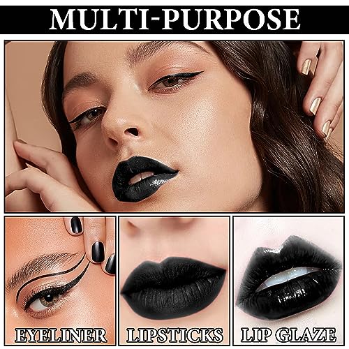 Black Matte Liquid Lipstick,3 in 1 Black Lip Liner and Lipstick Set,Matte Lip Gloss Long Lasting Moisturizing Velvet Lipgloss Make Up Gift Set Cosplay Goth Halloween Special Effects Makeup Kit