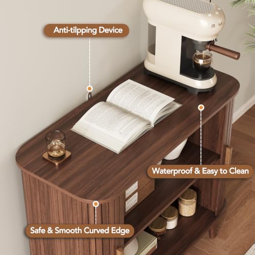 OneBlis Walnut 31.5-Inch Fluted Sideboard Buffet with Sliding Tambour Door