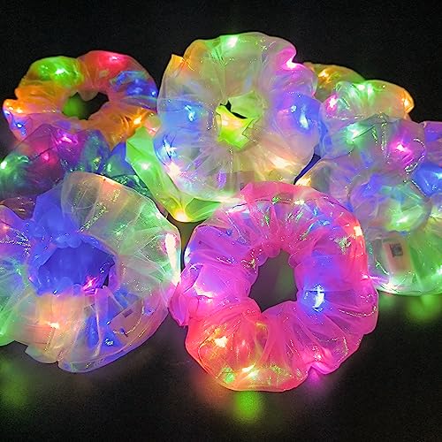 Multi-Colored 30 Pack Light Up LED Scrunchies & 18 Satin Hair Ties for Parties & Raves