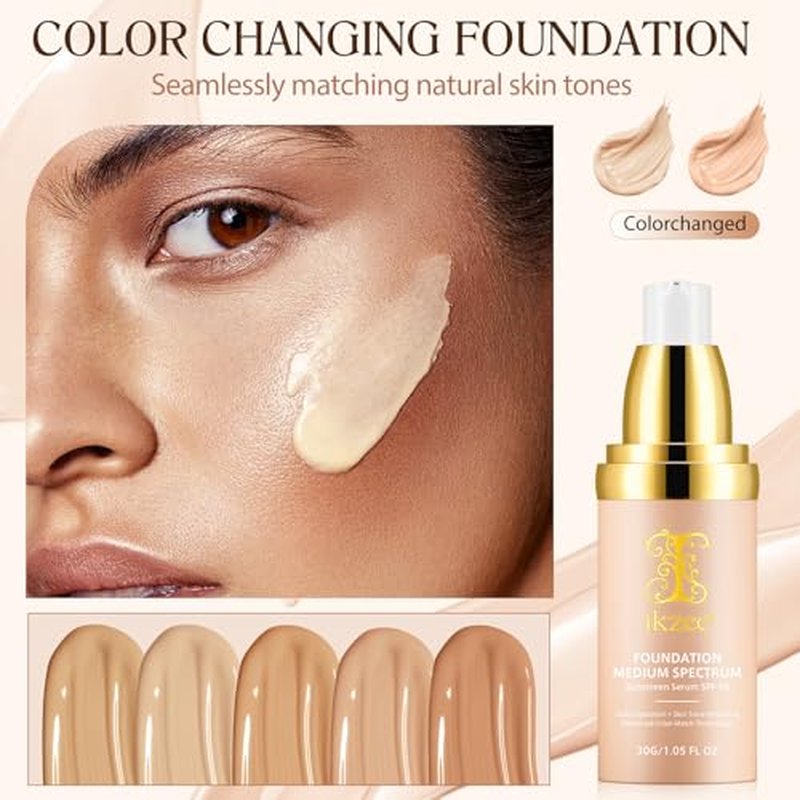 2 Pack Foundation 4 in 1, Medium Color Changing Foundation, Liquid Foundations Protect from Sun with SPF50 for Gym, Sports, Dancing, 1.05 fl.oz