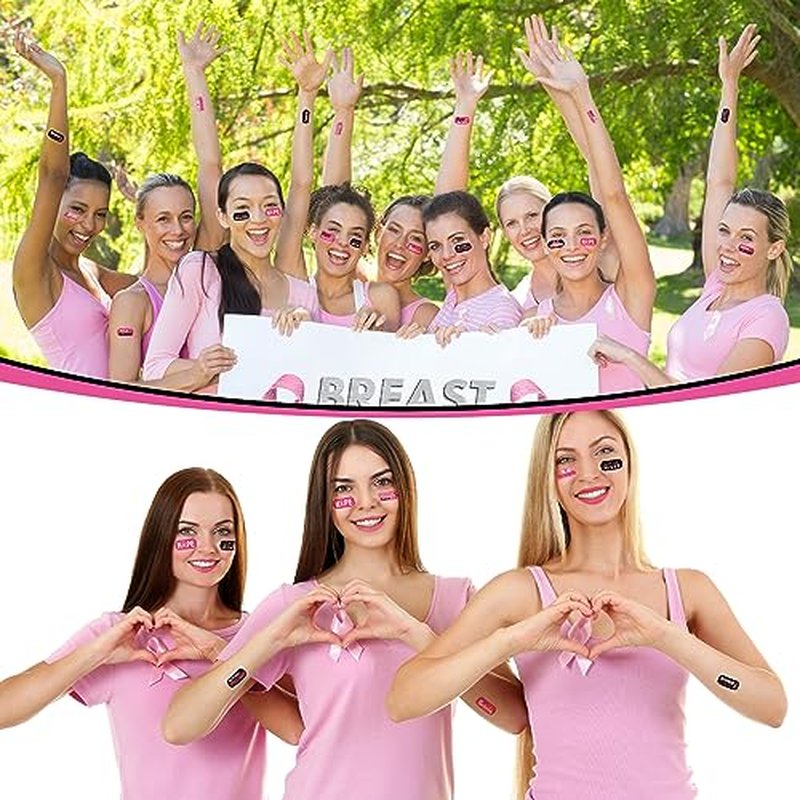 Landhoow 240 Pcs Pink Ribbon Breast Cancer Awareness Face Tattoos Stickers Bulk Ribbon Temporary Tattoo Glitter Eye Body Tattoo Stickers and Decals for Cancer Awareness Party Supply