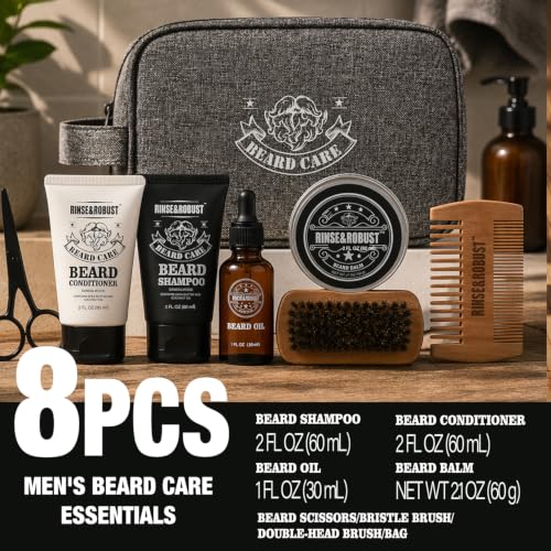Sandalwood Beard Grooming Kit for Men - Travel Set with Oil & Balm, Toiletry Bag, Holiday Gift