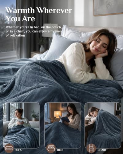 Grey Queen Electric Heated Blanket 220GSM Flannel Sherpa Cozy Warm