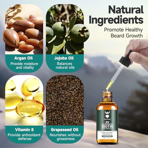 Beard Growth Oil with Cedarwood - 2X Concentration Biotin Beard Oil for Men (2 oz) - Natural Moisturizer & Softener