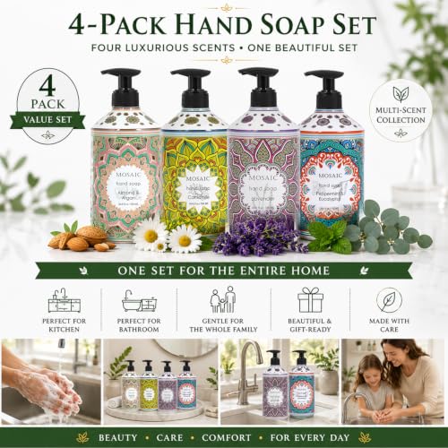 Liquid Hand Soap Gift Set with Lavender, Almond & Argan, Peppermint & Eucalyptus, Camomile - 4 x 24.6 fl oz